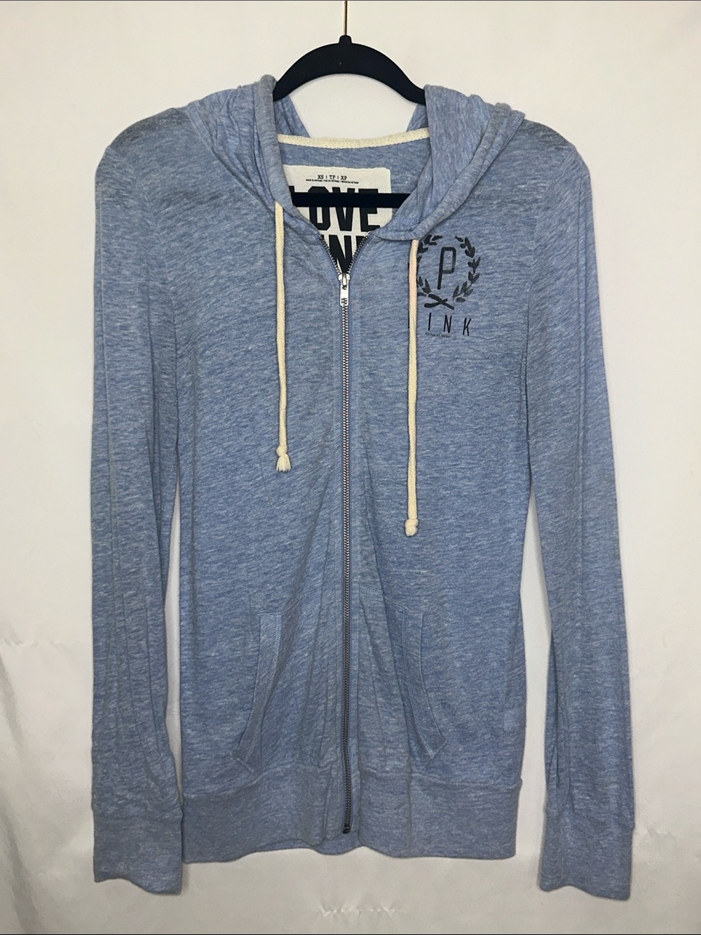PINK VICTORIA’S SECRET | Heather Light Blue Full Zip with Pink Logo, Size XS